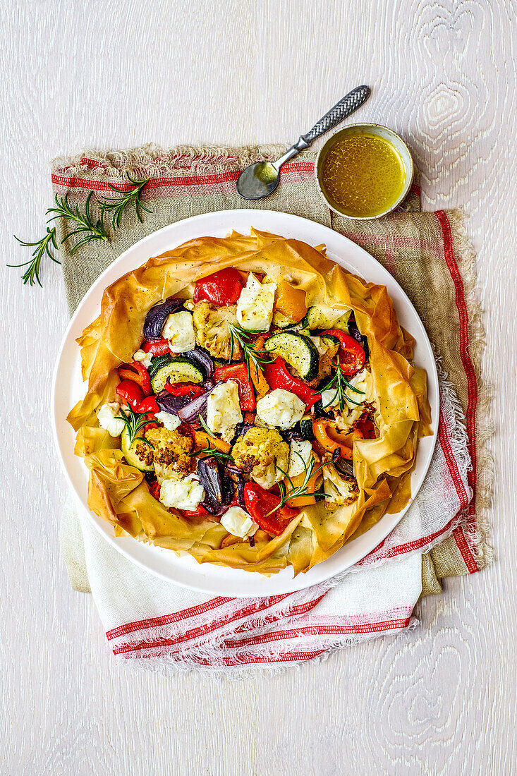 Filo pie with roasted summer vegetables and feta cheese