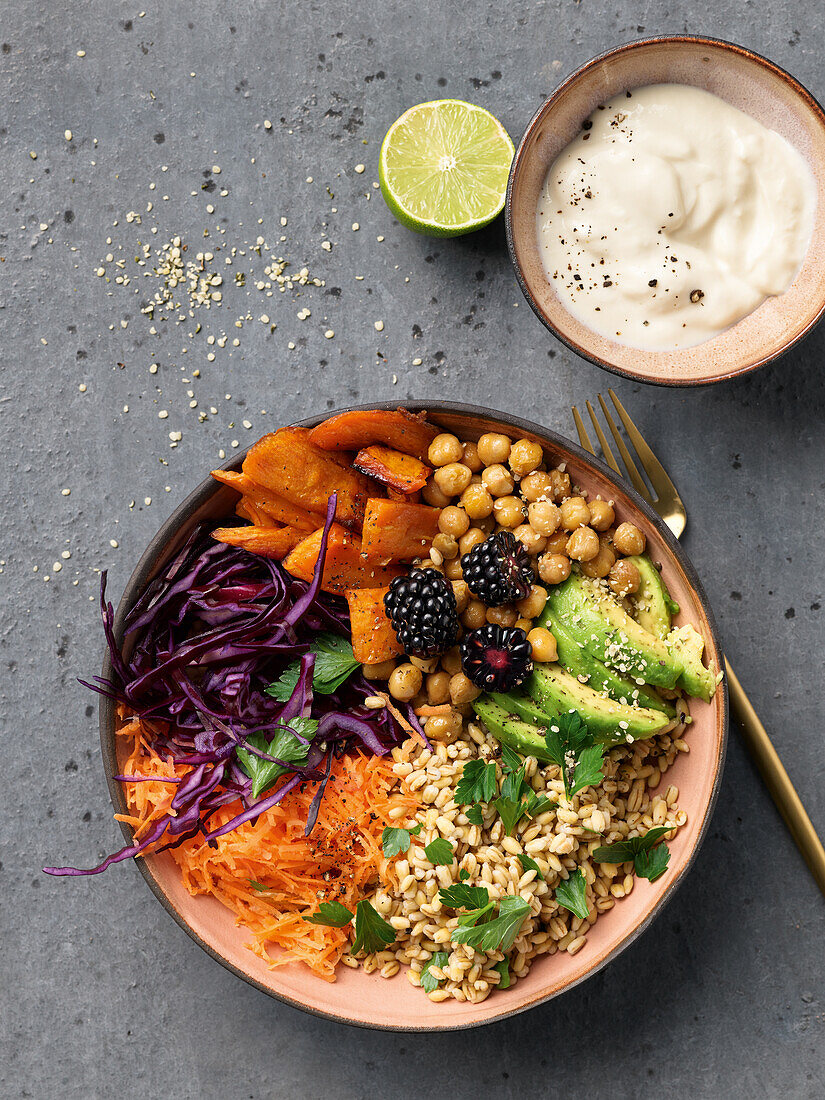 Colorful protein bowl with blackberries, barley, and vegetables