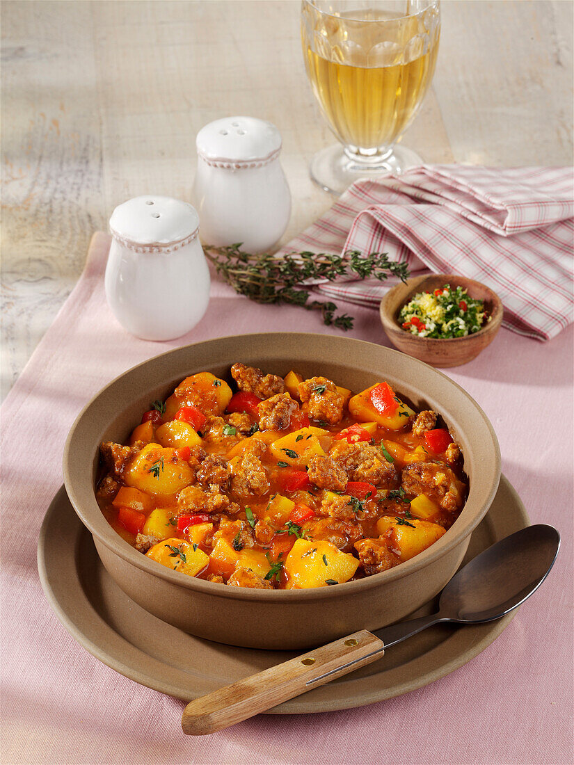 Meat stew with potatoes and red peppers
