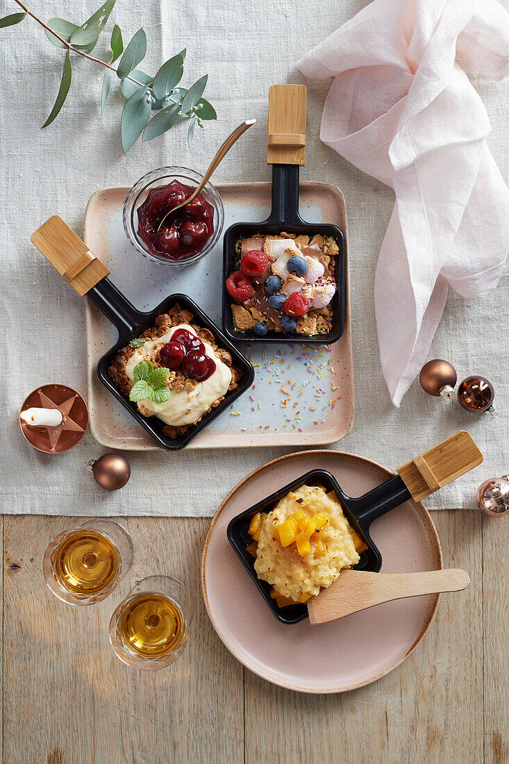 3x sweet raclette - with rice pudding, marshmallows, cheesecake