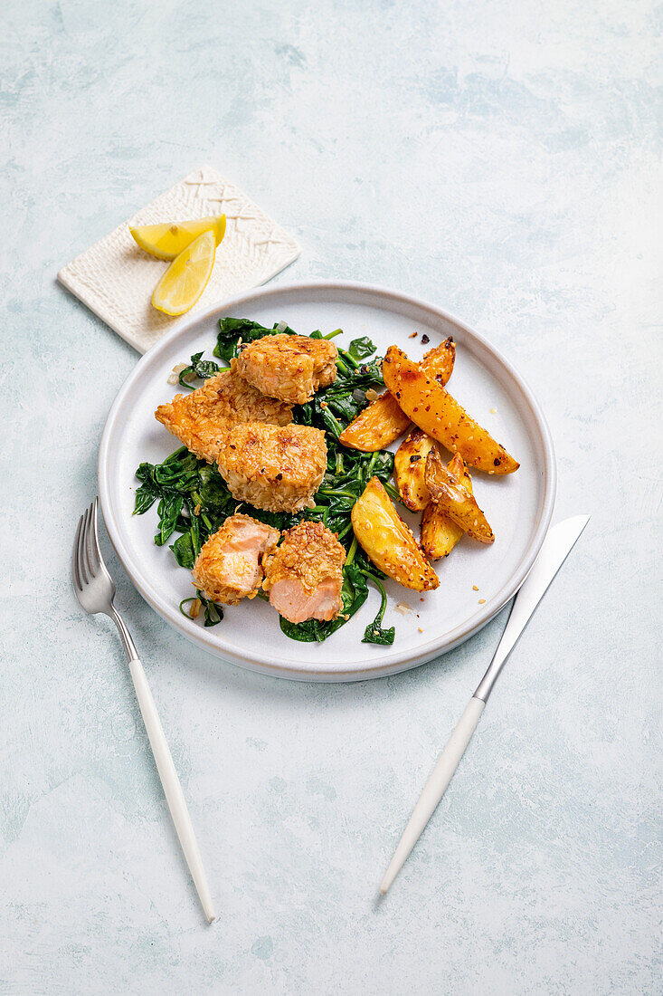 Fish nuggets in an oat crust served on spinach