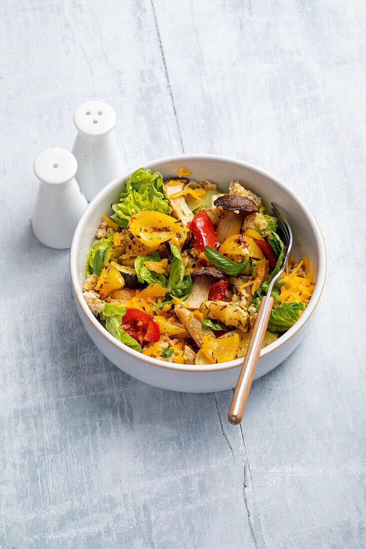 Vegan vegetable bowl with oat groats