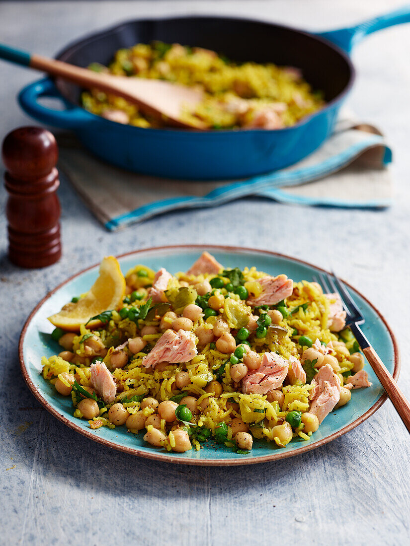 Salmon pilaf with chickpeas and peas