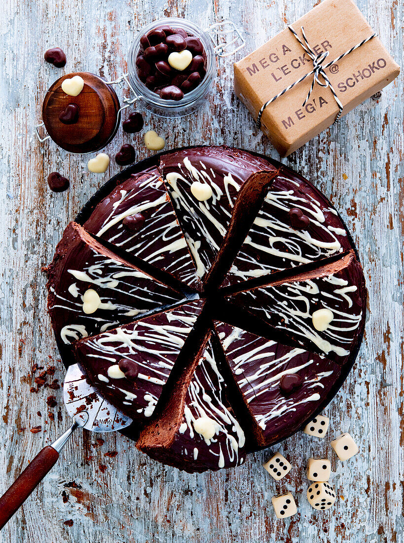 Chocolate tart decorated with hearts