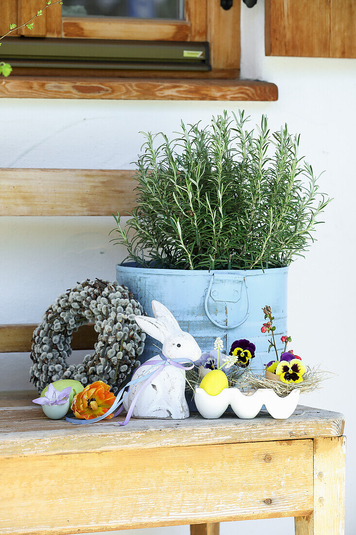 Rosmarintopf umgeben von Osterdekoration mit Kranz aus Palmkätzchen, Osterhase und Stiefmütterchen im Eierkarton