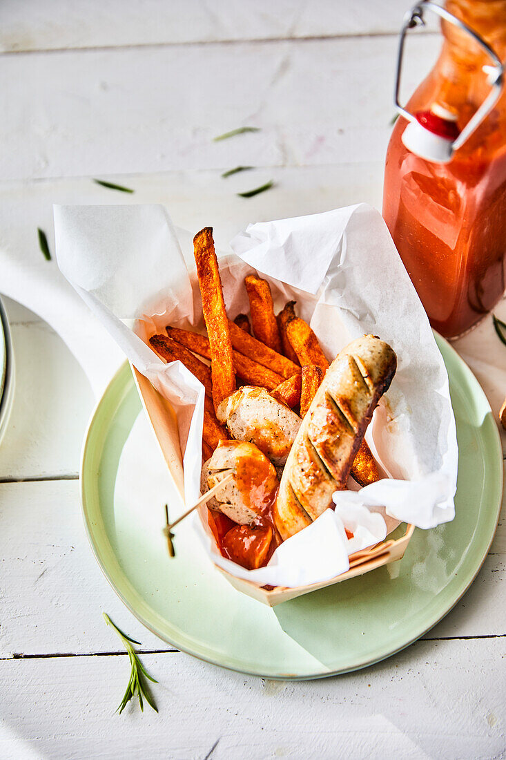 Curry sausage with sweet potato fries