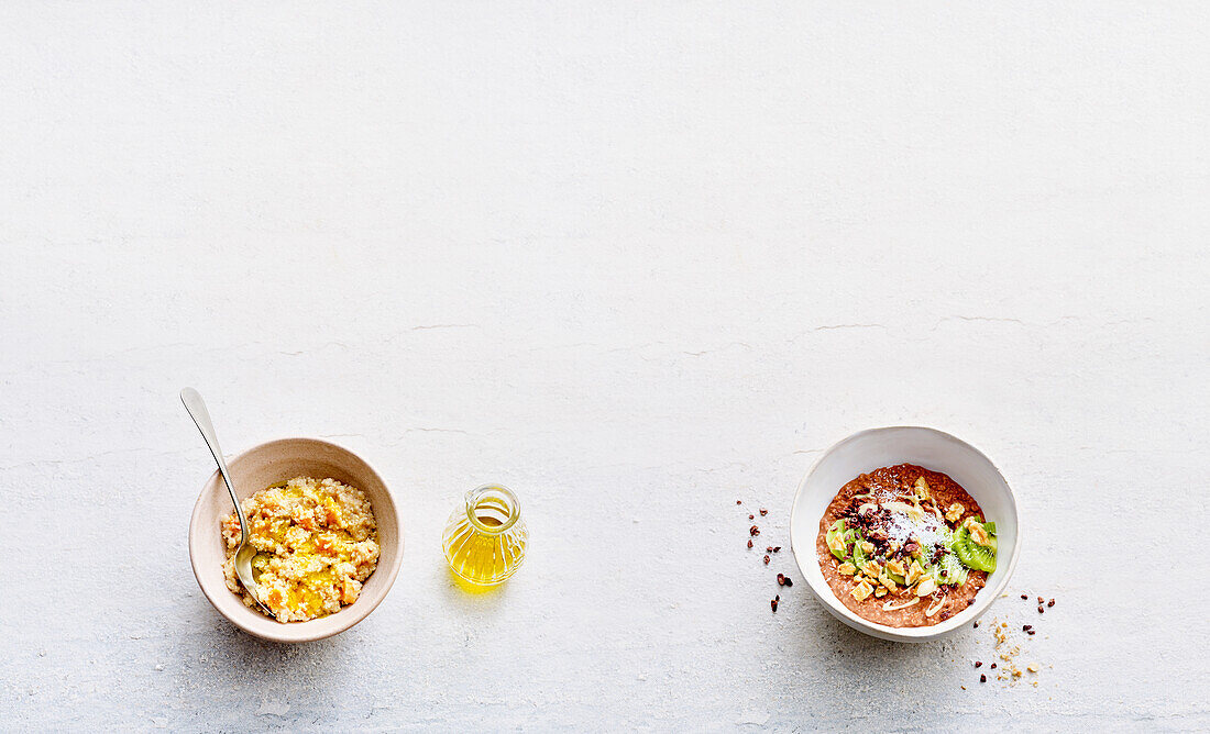 Quinoa-Porridge mit Aprikosen, Schoko-Porridge mit Walnüssen