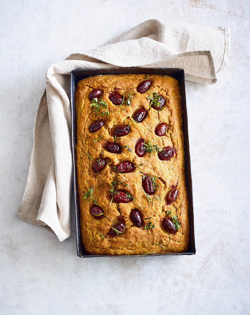 Sourdough focaccia with sweet potato and olives