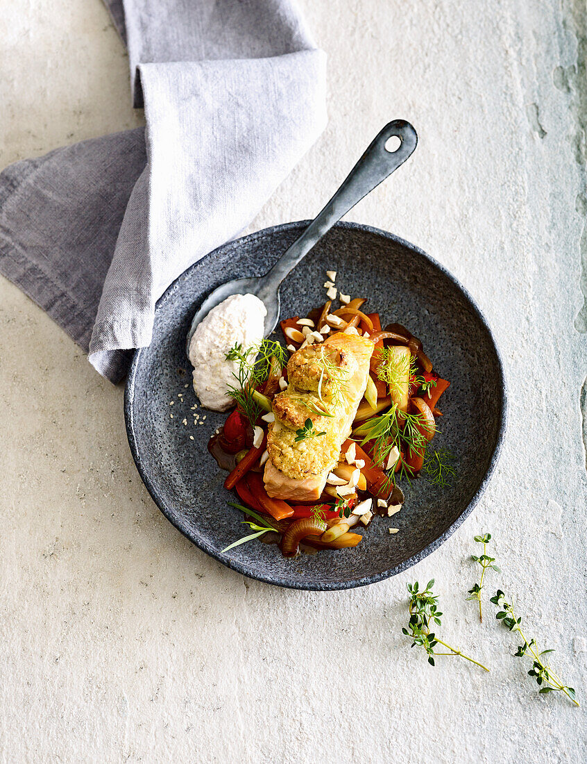 Lachs unter der Paranusskruste mit Wokgemüse und Dip