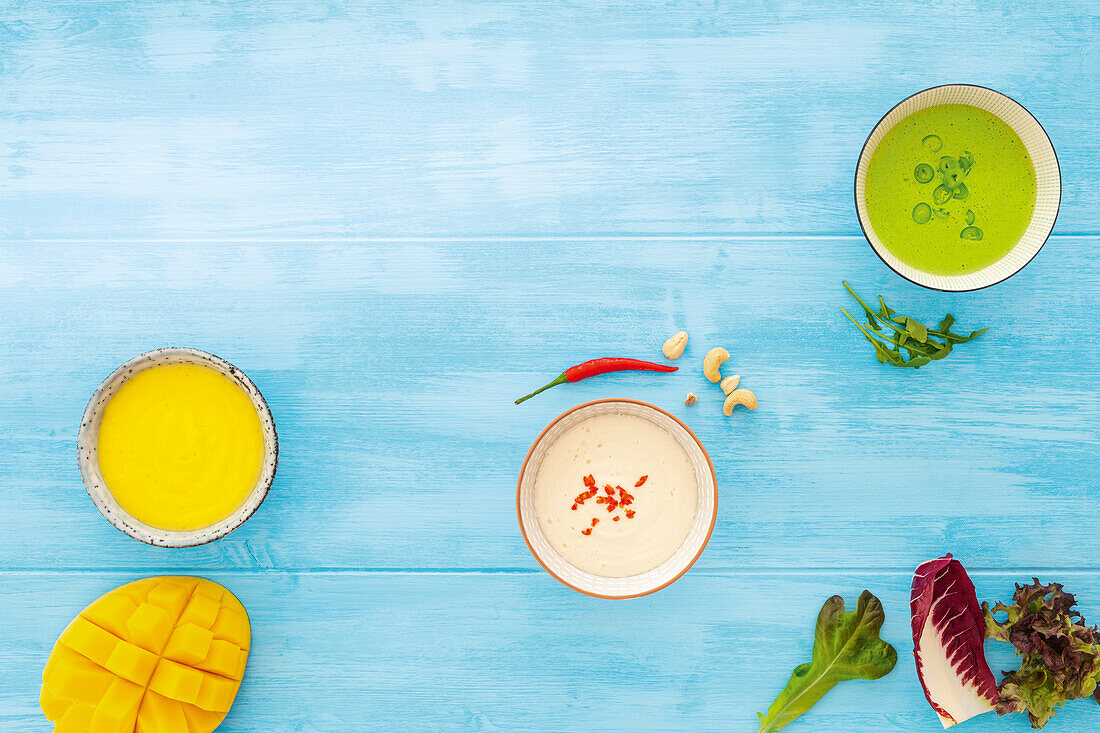 Dressings for leaf salads - mango curry, rocket yogurt, and tofu cashew dressing