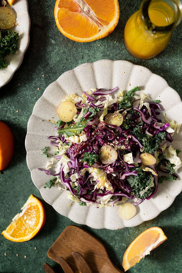 Salad with three types of cabbage (green cabbage, Chinese cabbage, red cabbage)