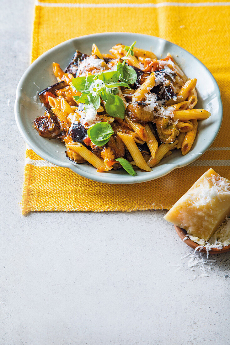 Penne with crispy eggplant and roasted vegetable sauce
