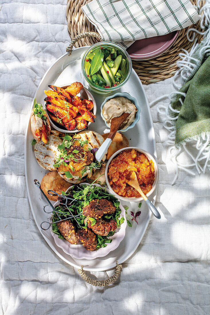 Koftas with apricot chutney and chili ginger chicken pitas