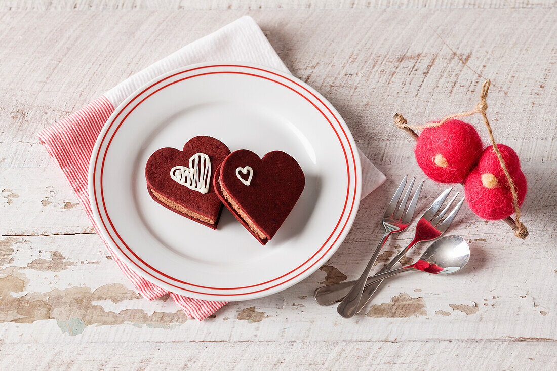 Heart shaped red velvet ice cream sandwiches