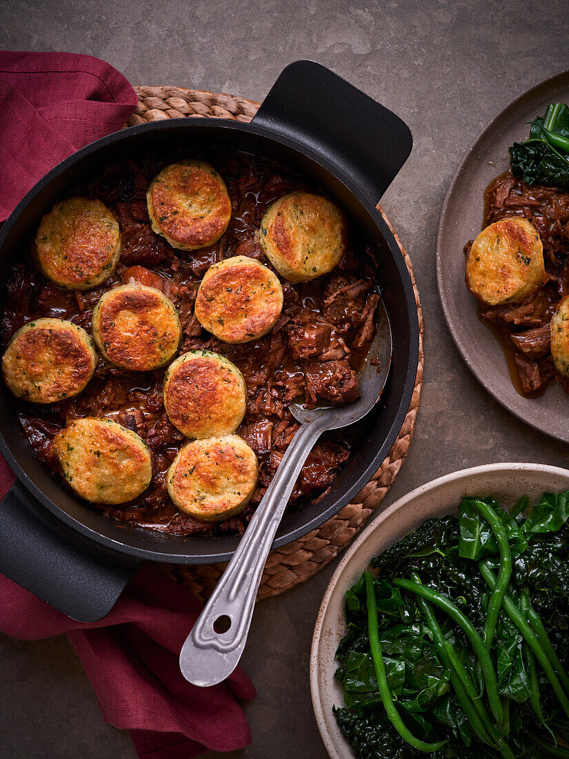 Beef goulash with cheese scone dumplings