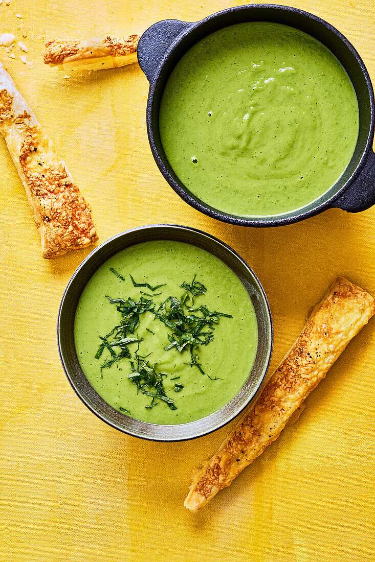 Pea and mint soup with wand dippers