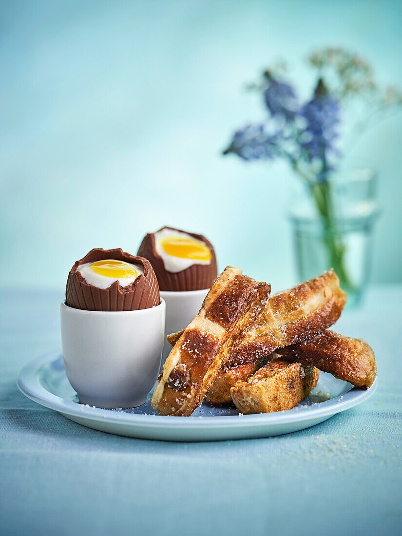 French toast sticks next to cream filled chocolate eggs