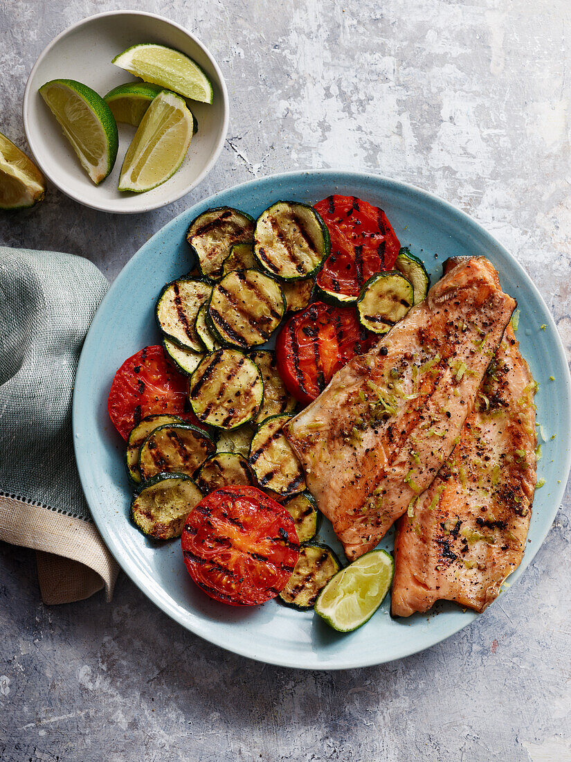 Salmon trout with lime and black pepper crust served with grilled vegetables