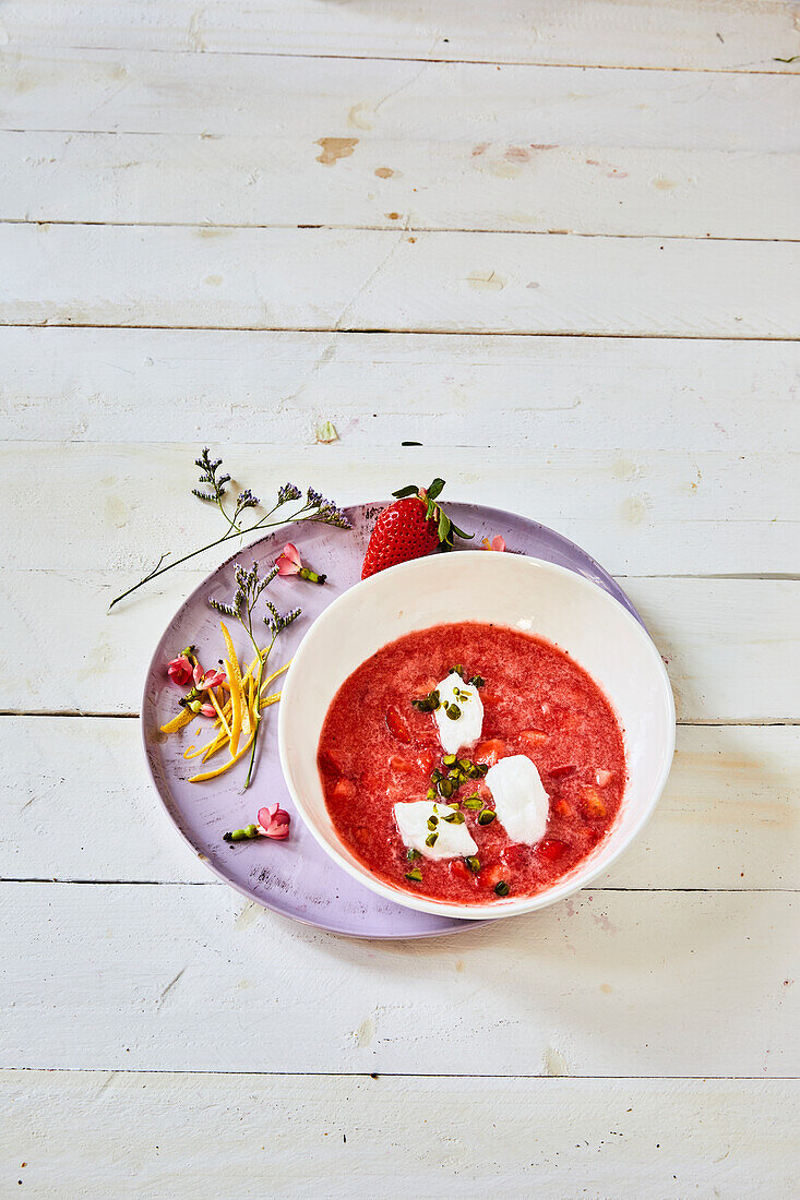 Cold Strawberry bowl with cream cheese dumplings