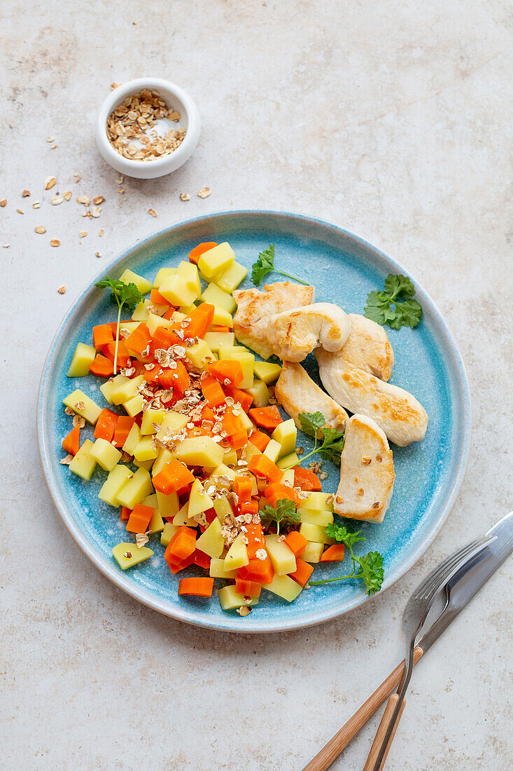 Pan fried chicken with vegetables