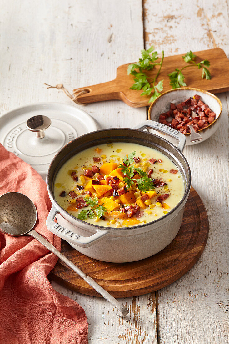 Creamy corn soup with sweet potato