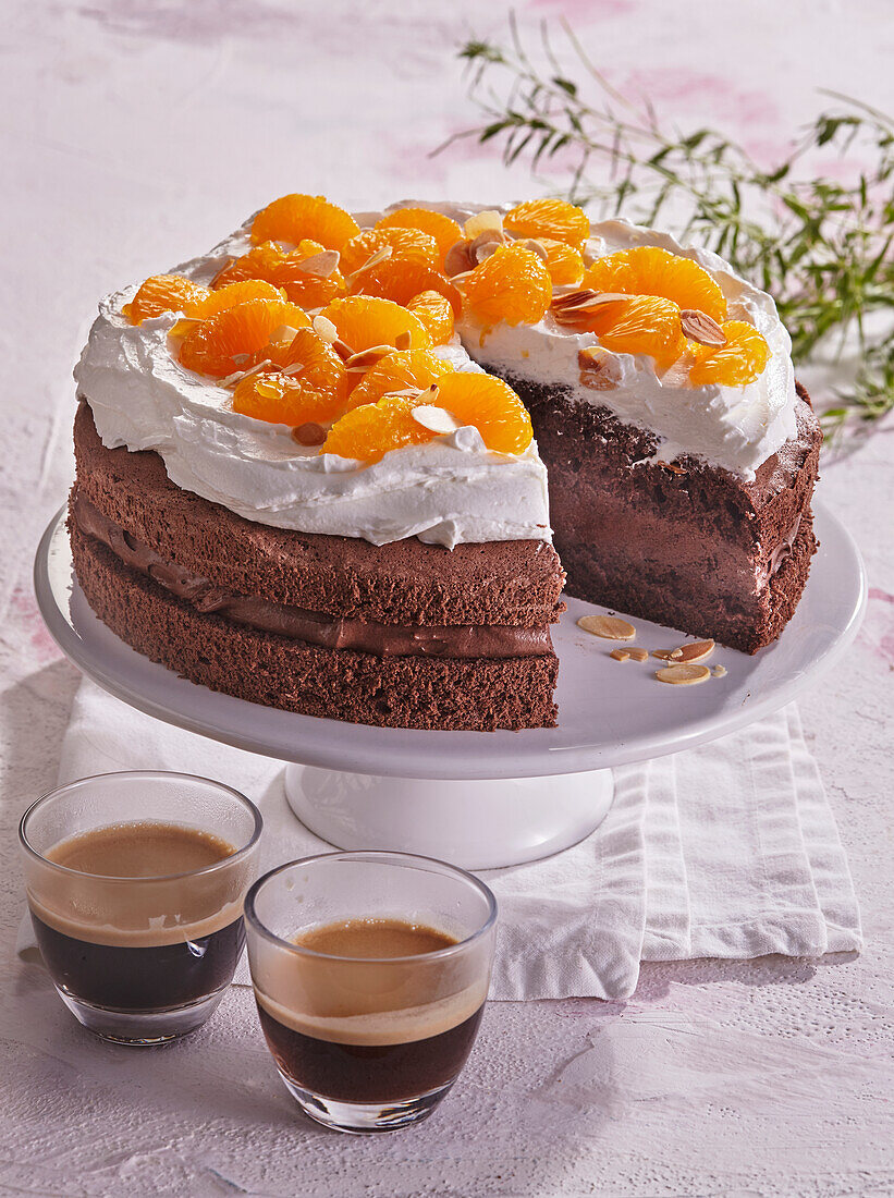 Chocolate cream cake with mandarins