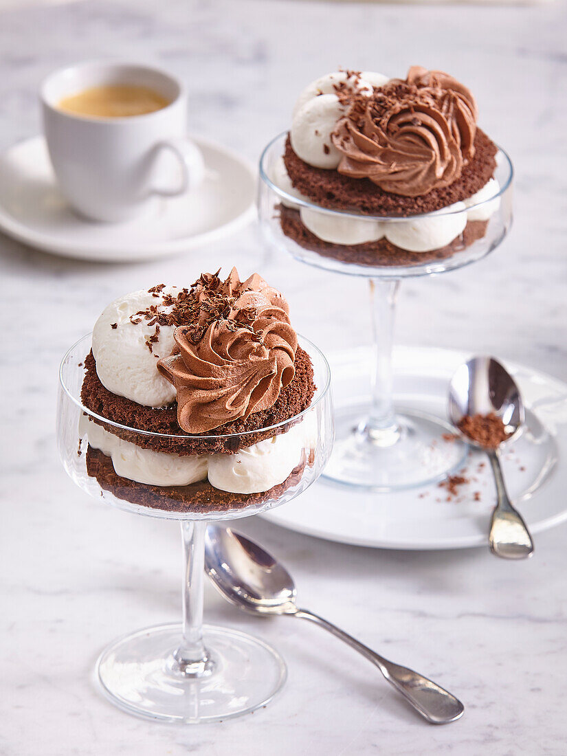 Chocolate sponge cream dessert in a glass