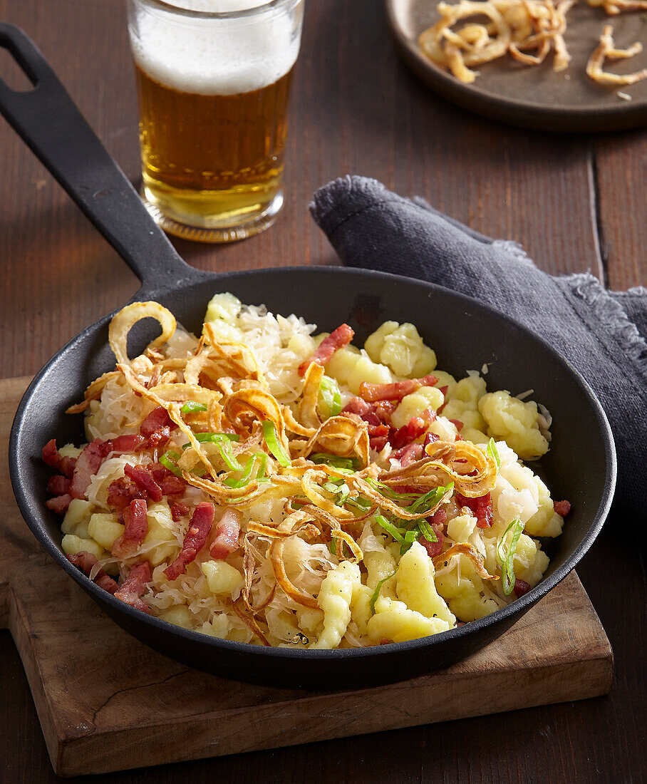 Potato gnocchi with sauerkraut and smoked bacon