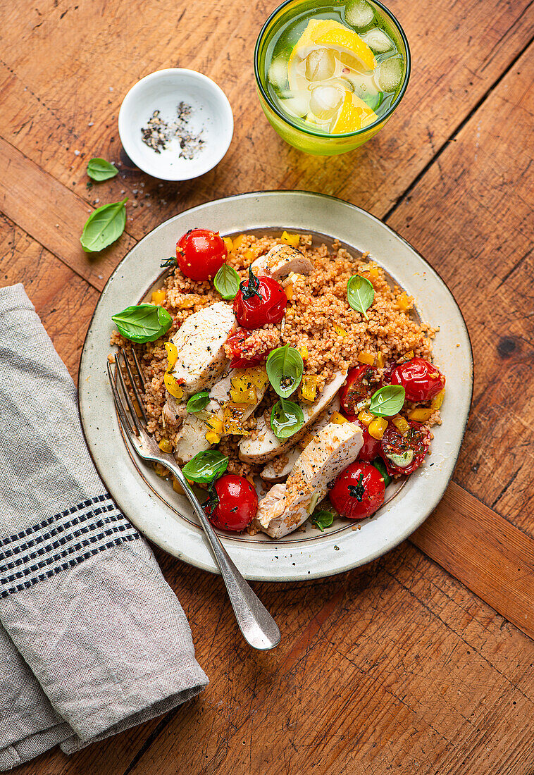 Gebratenes Hähnchen auf Couscous mit Paprika und Tomaten aus dem Ofen