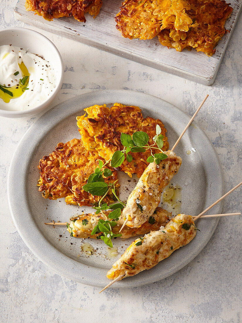 Chicken kebab with pumpkin fritters