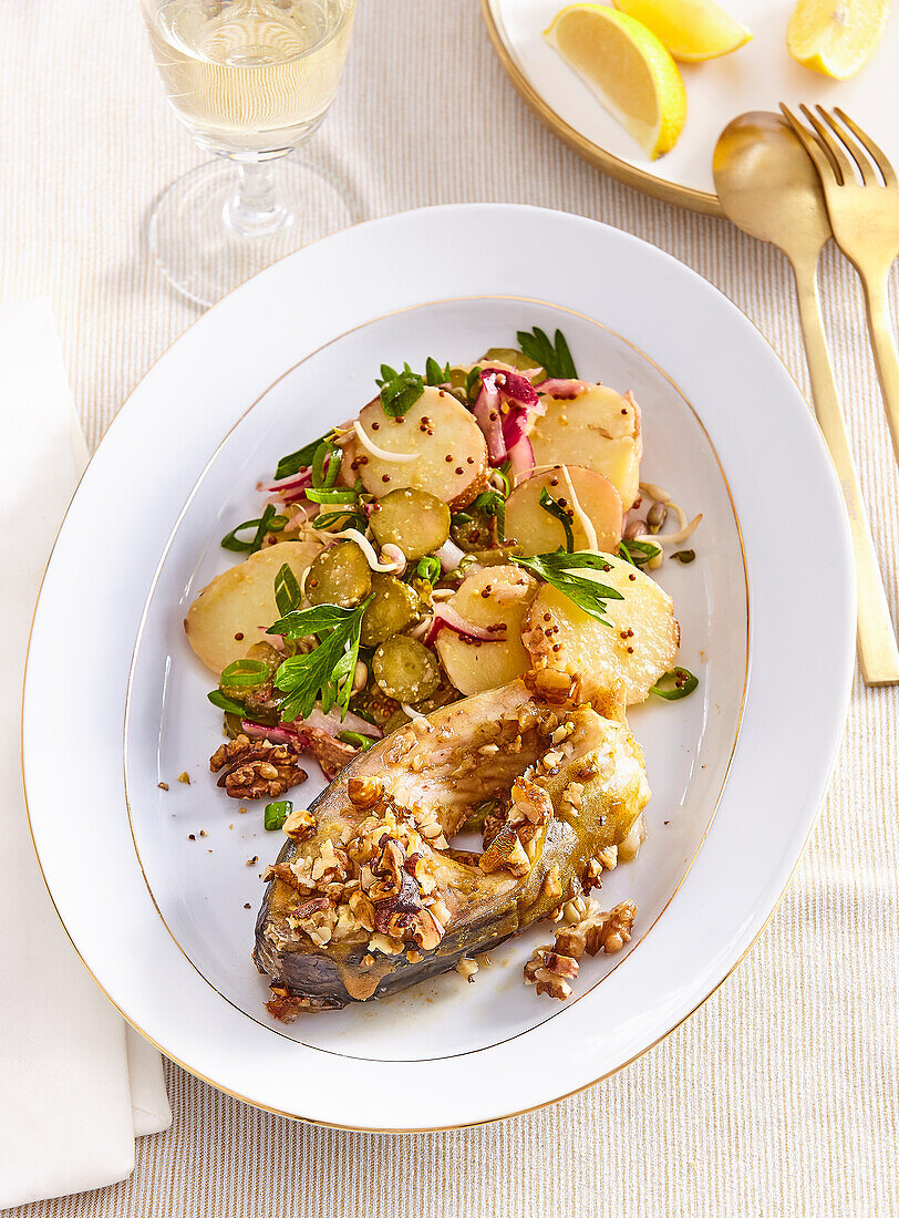 Carp with walnut-honey crust and potato salad