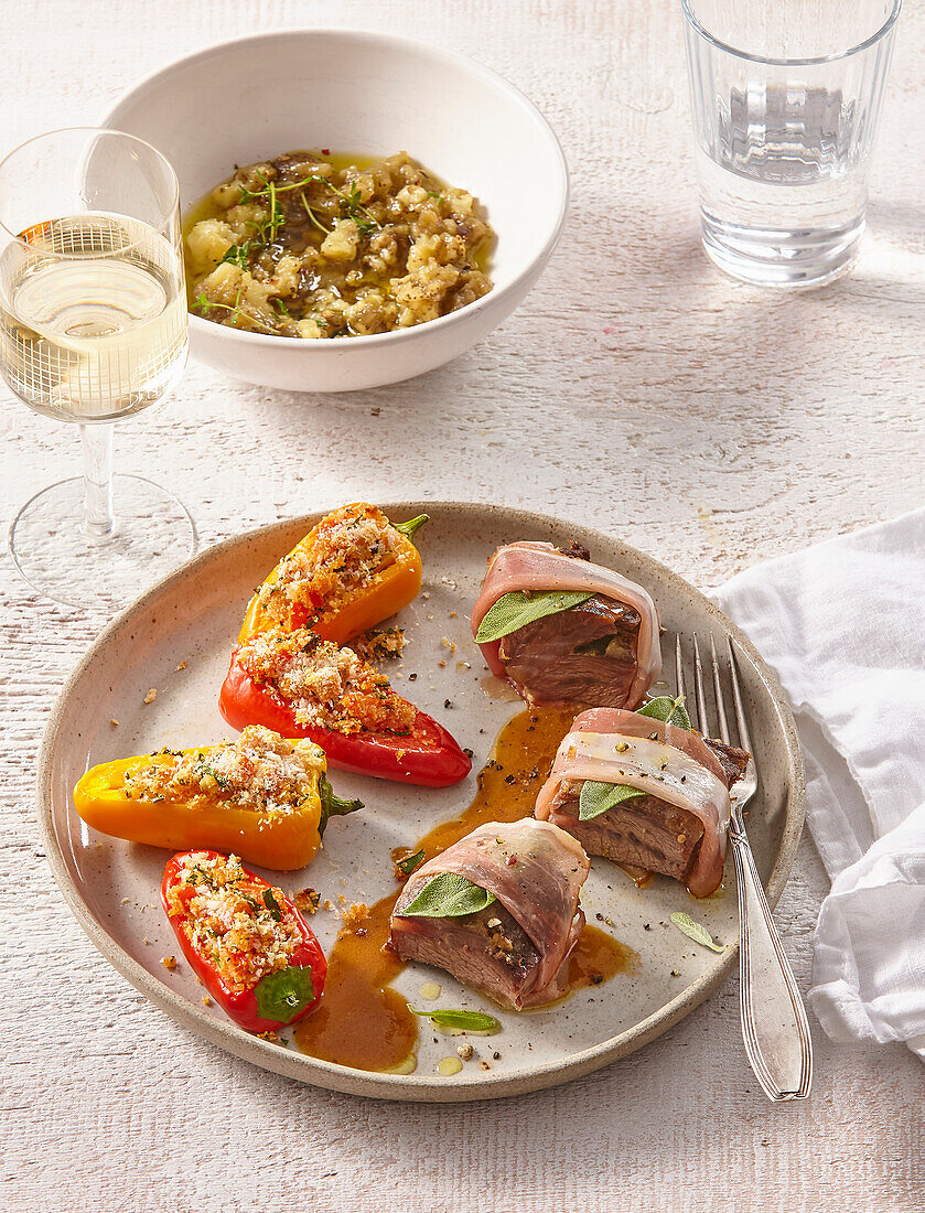 Veal saltimbocca with stuffed peppers