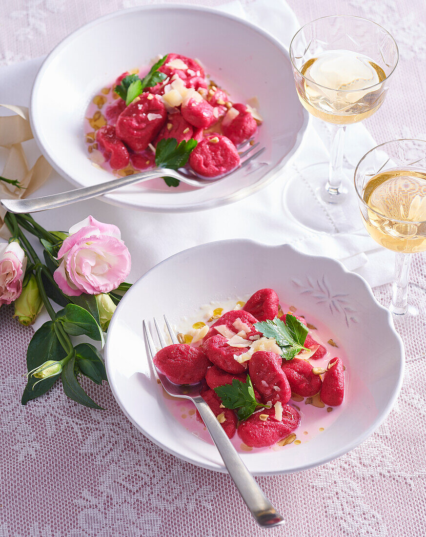 Beetroot gnocchi with Parmesan cheese sauce