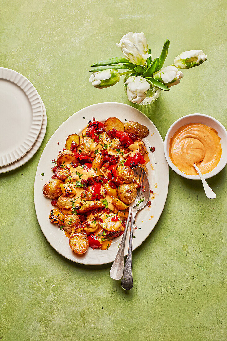 Salat mit Patatas Bravas und Chorizo