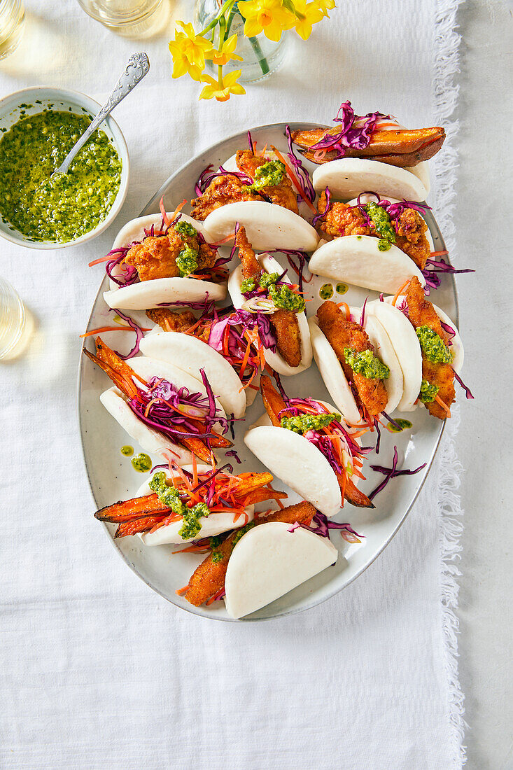 Three kinds of bao with breaded shrimp, with chicken and with sweet potatoes