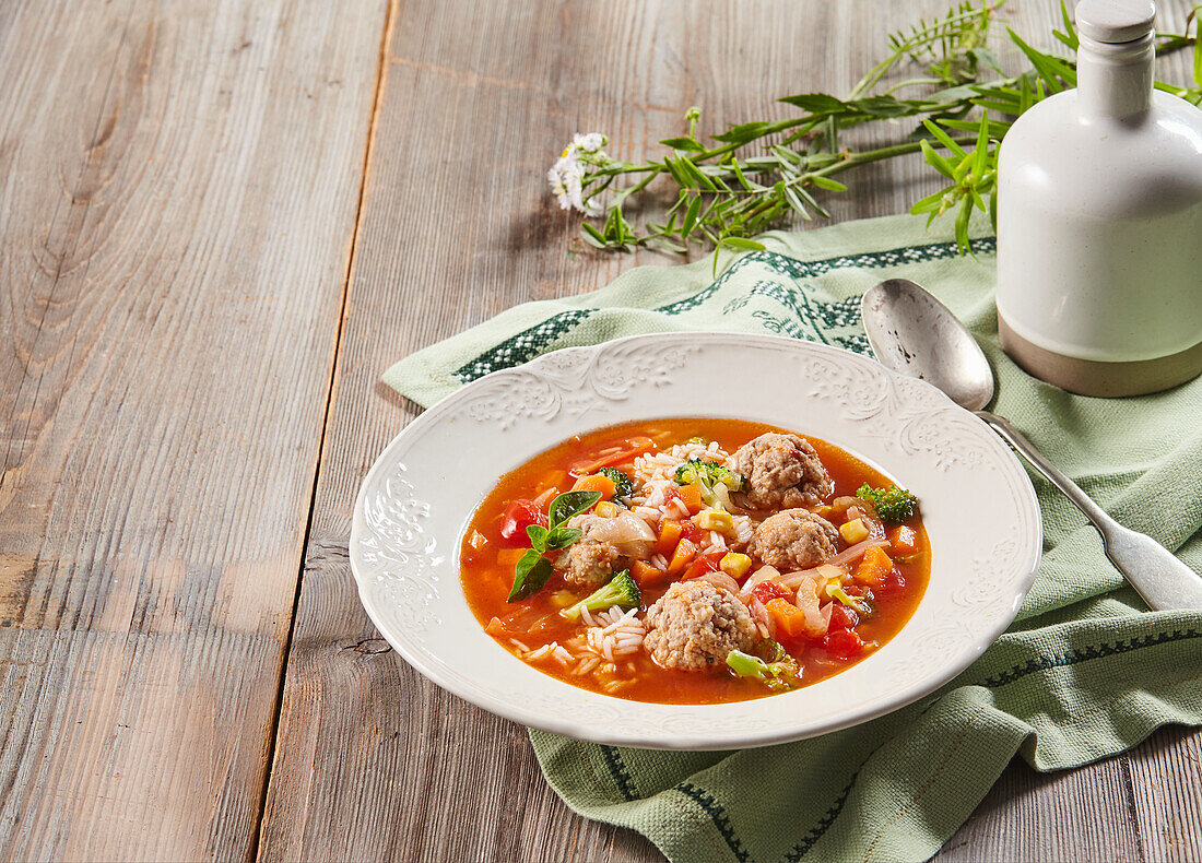 Vegetable soup with rice and meatballs