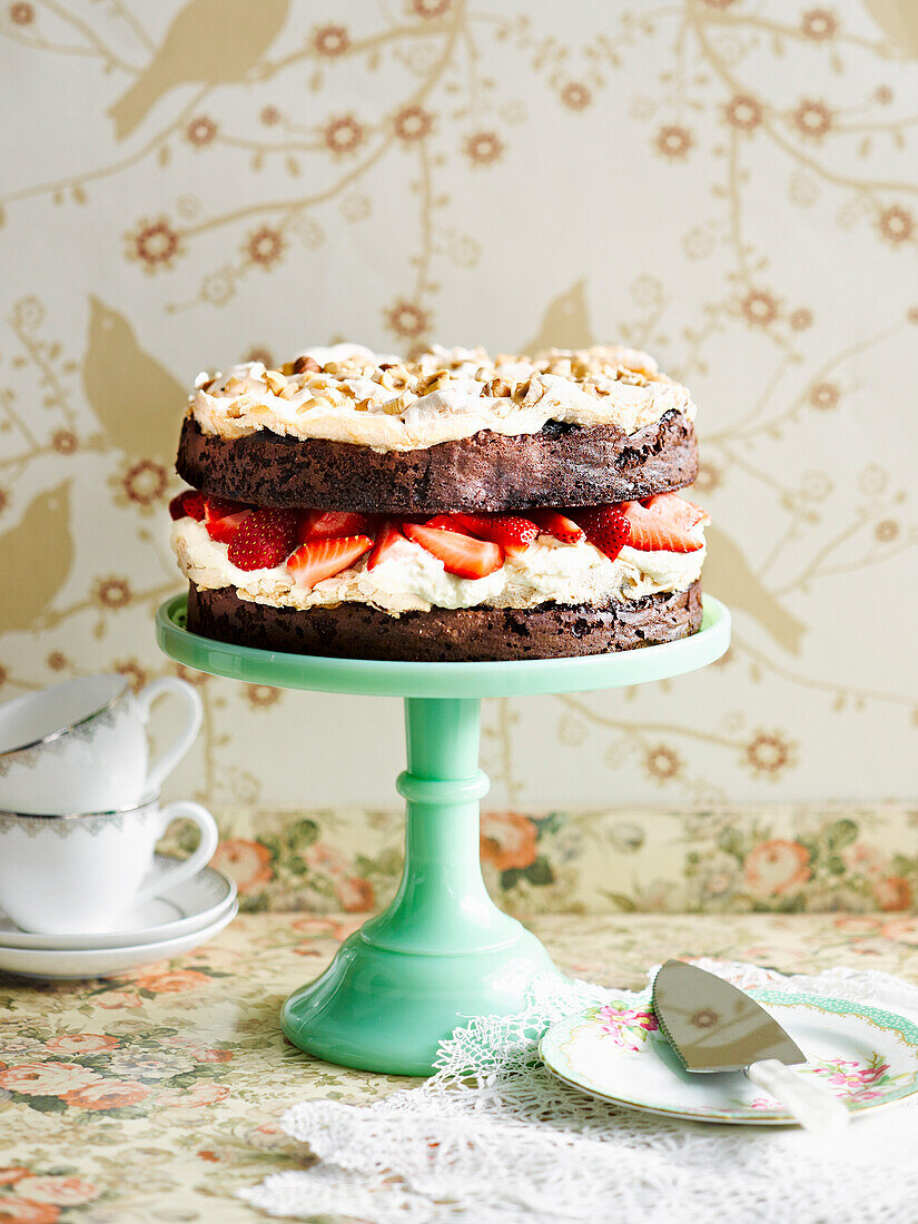 Choc-strawberry meringue gateau