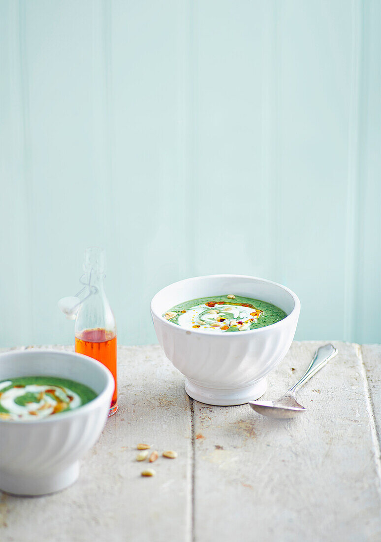 Watercress soup with yogurt and pine nuts