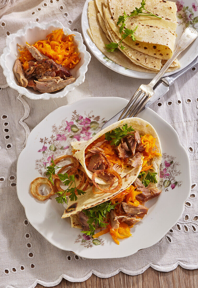 Potato tortillas filled with Pulled Turkey and pumpkin cabbage