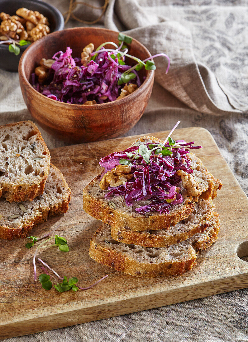 Red cabbage salad with walnuts and homemade multigrain bread