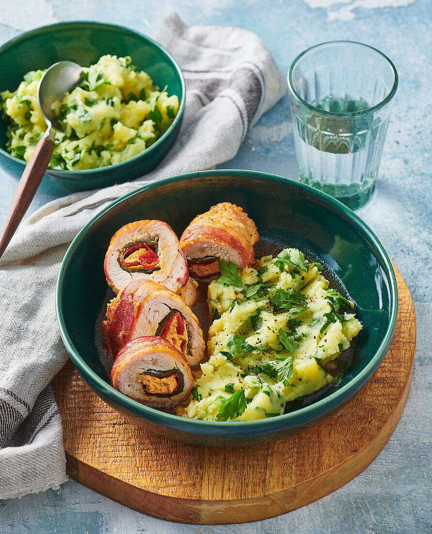 Stuffed turkey roll with herb mashed potatoes