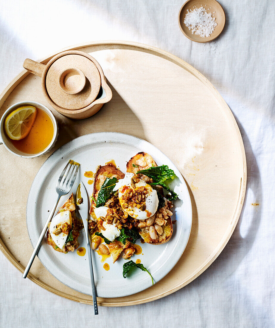 White bean smash with eggs, kale and brown butter