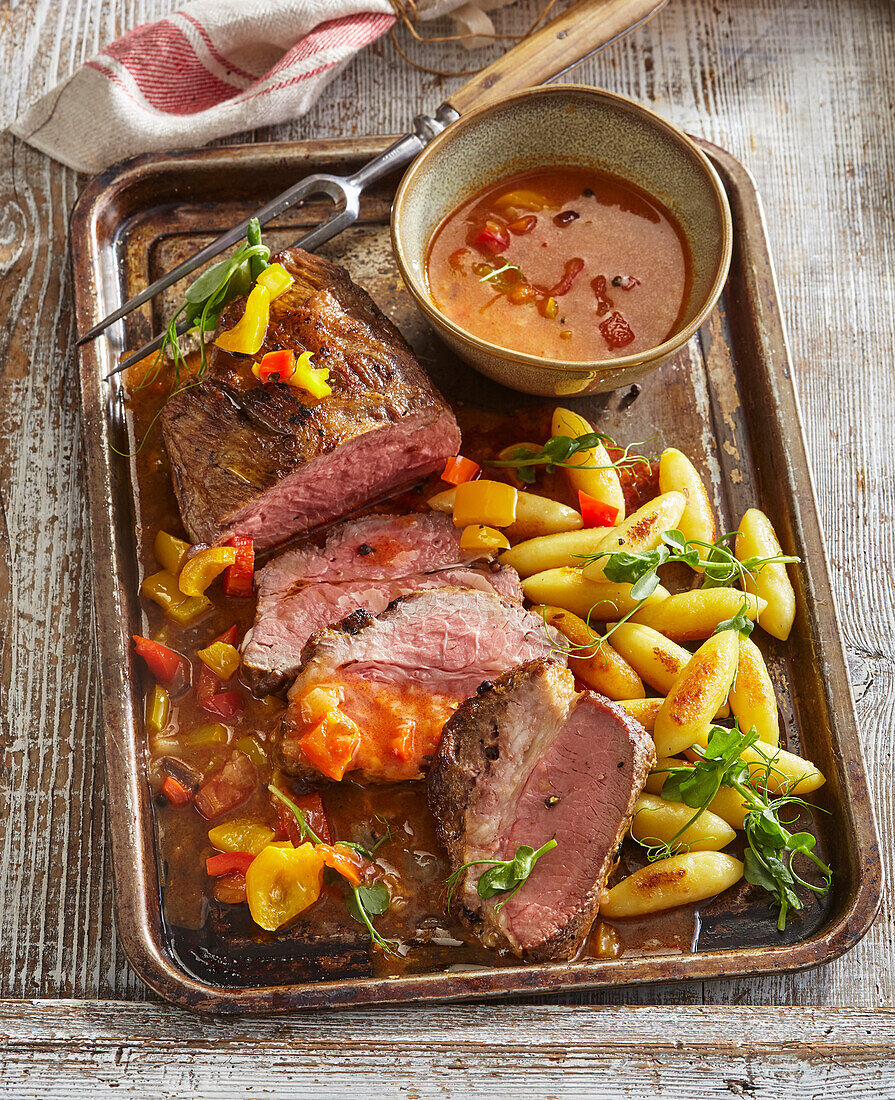 Roast veal with pepper sauce and Schupfnudeln (potato noodles)