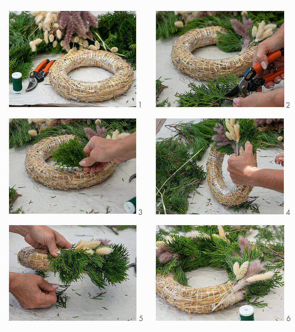 Advent wreath with green branches and dried grasses