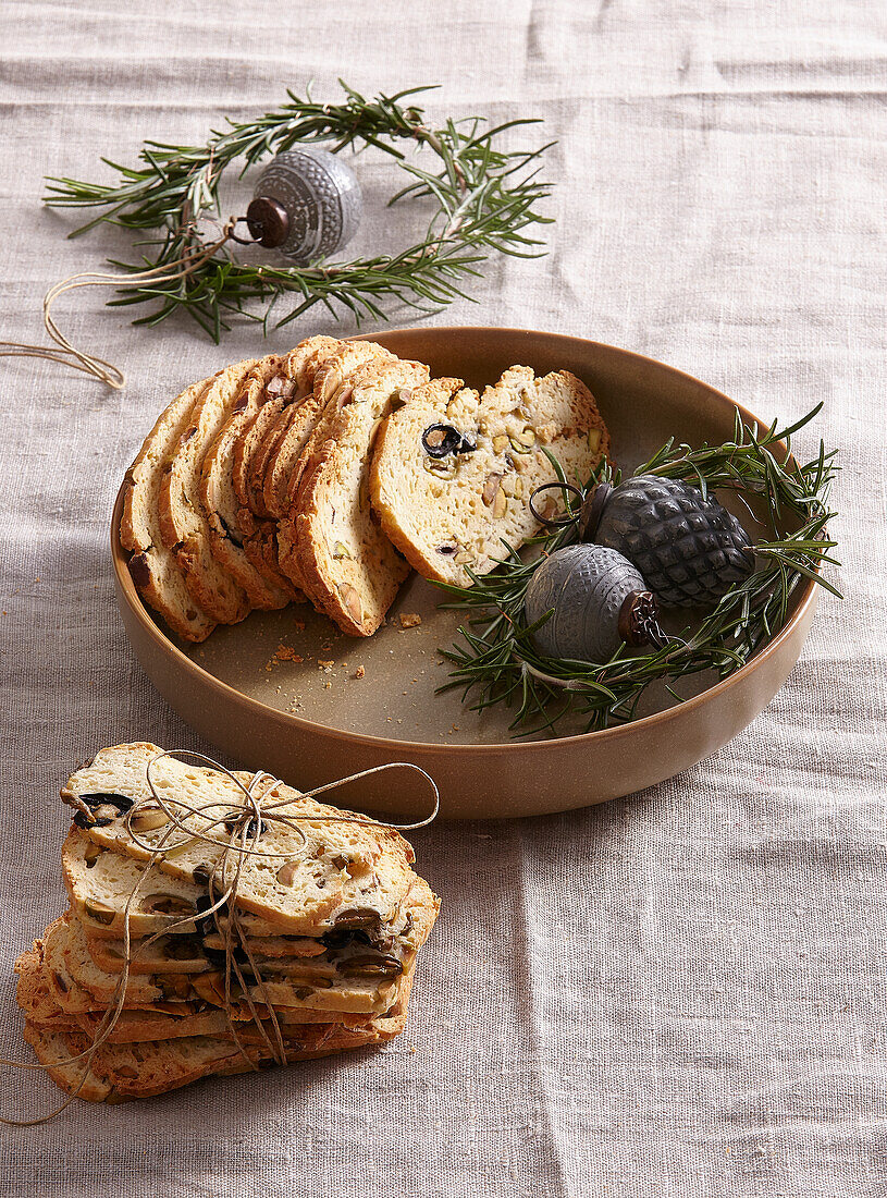 Spicy olive pistachio biscotti