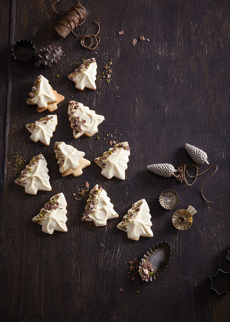 Christmas tree cookies with white chocolate icing
