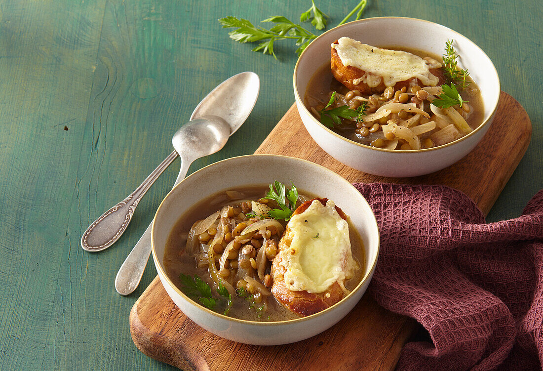 Onion and lentil soup with cheese crostini