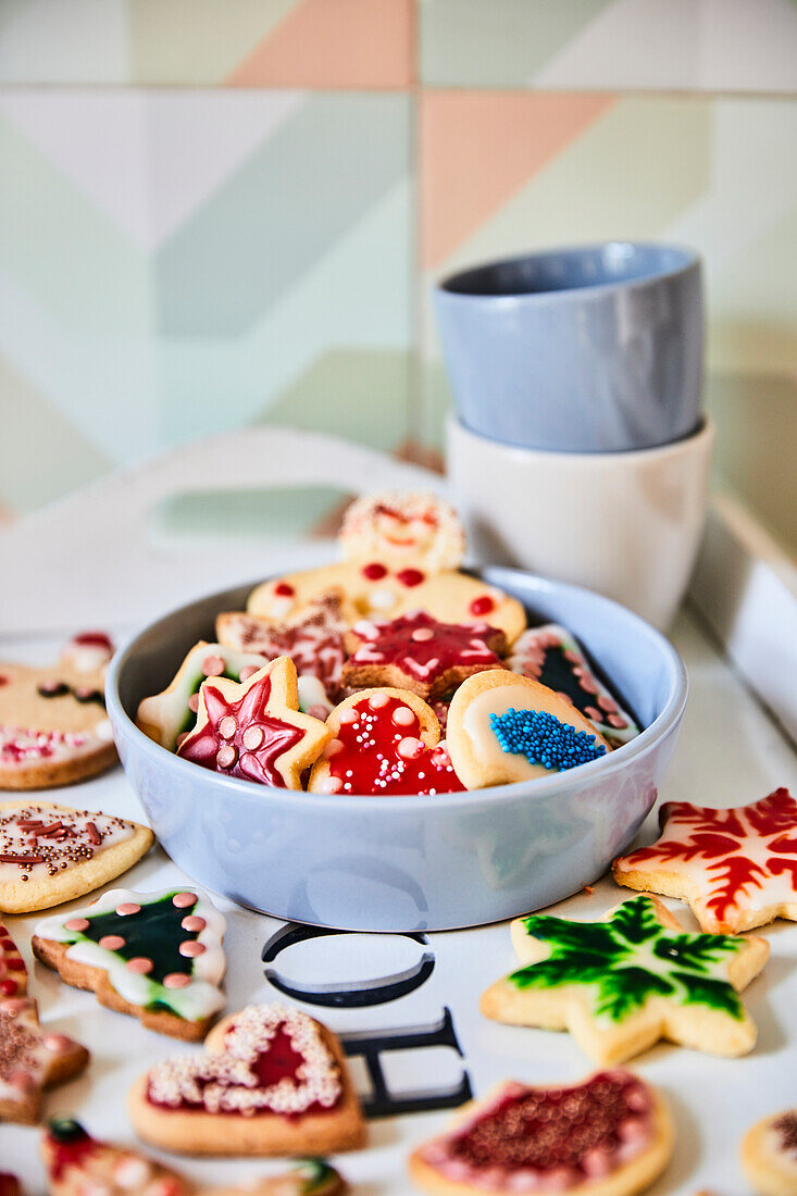 Butter cookies with sugar icing and sugar sprinkles