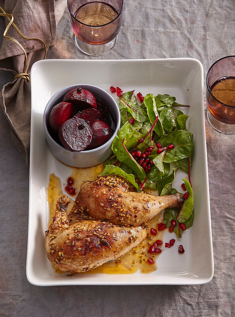 Spicy chicken with salad and roasted beets
