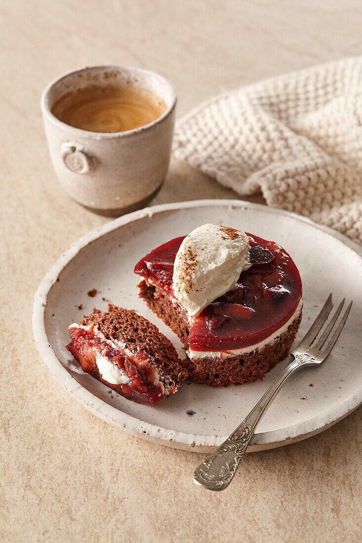 Chocolate mini cake with plum jelly